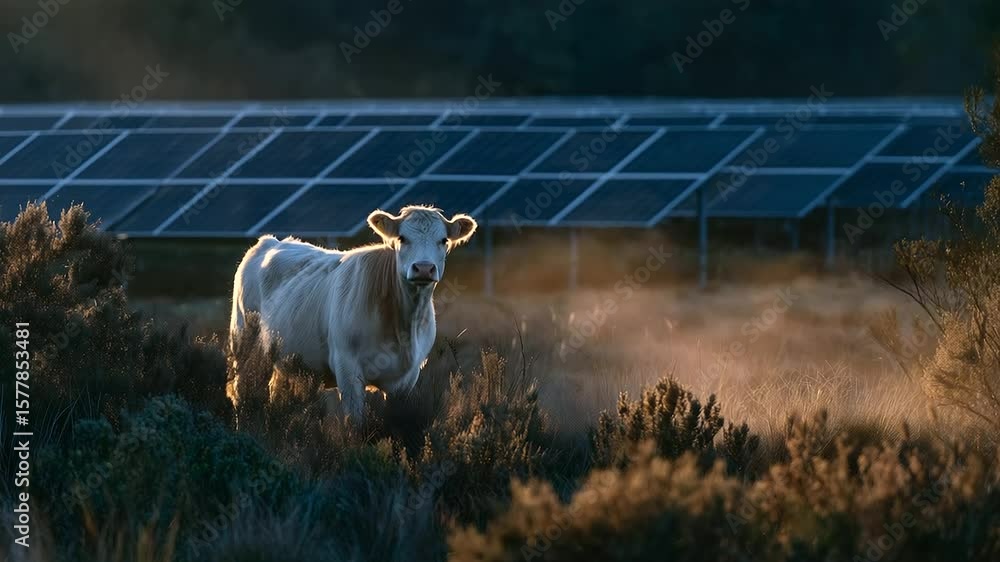 Poster cow standing between two long rows of solar panels in a large open field, sun rays illuminating both