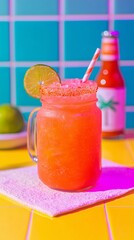 Fototapeta premium Pickle Margarita in Mason Jar with Spicy Rim on Colorful Retro Bar Counter