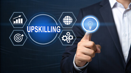 Businessman's hand touches a virtual screen, pressing a social network icon for global business communication and future success
