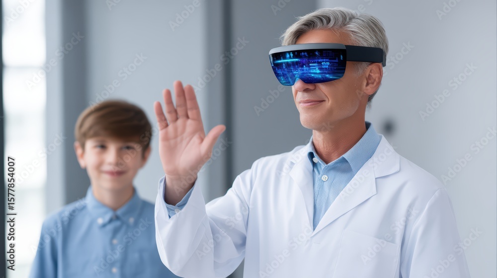 Poster senior scientist using augmented reality glasses while young boy observes in modern laboratory setti