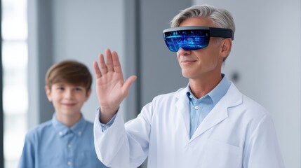 Senior Scientist Using Augmented Reality Glasses While Young Boy Observes in Modern Laboratory Setting
