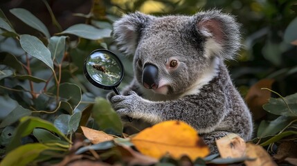 Fototapeta premium Curious koala with magnifying glass