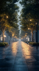 Obraz premium Nighttime stroll along a tree-lined street illuminated by warm lights in a quiet urban area