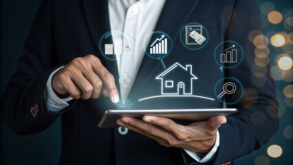 Businessman uses a finger to touch a virtual screen to draw a house concept, symbolizing digital finance and future home success