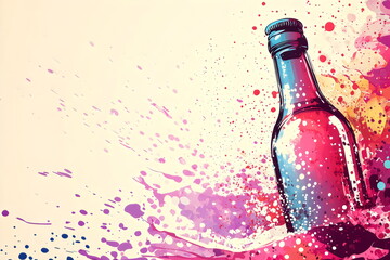 Vibrant cider bottle with colorful splashes on a textured background in an artistic composition