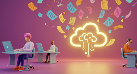 Three stylized people working on laptops with a cloud and flying documents in the background