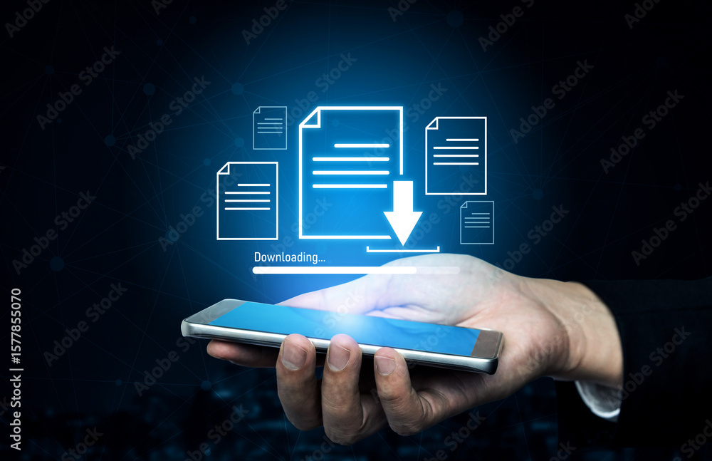 Poster visual representation of digital document downloading, showing file transfer, data access, and progr