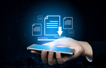 Visual representation of digital document downloading, showing file transfer, data access, and...