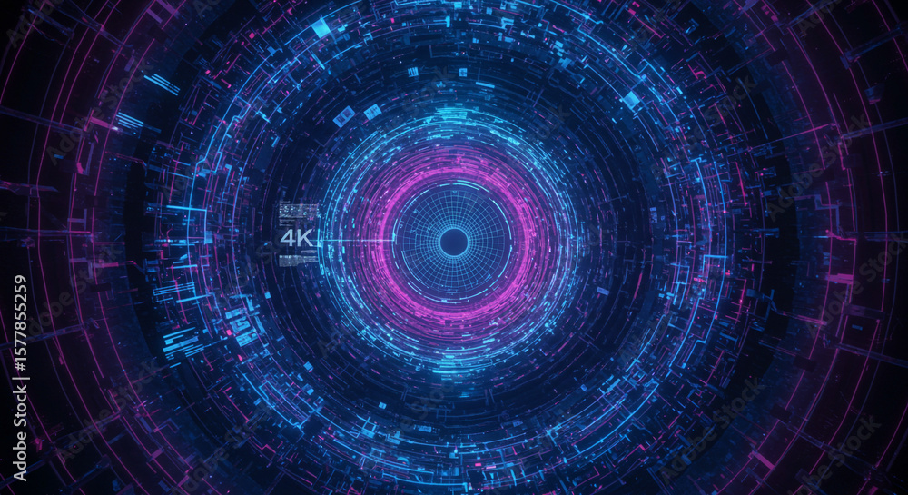 Poster abstract circular tunnel with glowing blue and pink lines and shapes in a dark environment