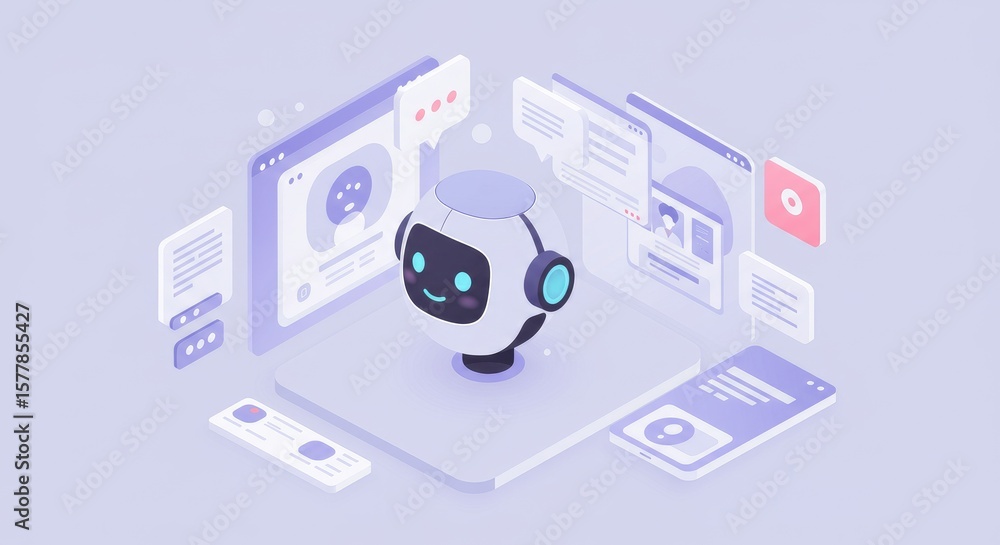 Poster cute robot character in a digital interface
