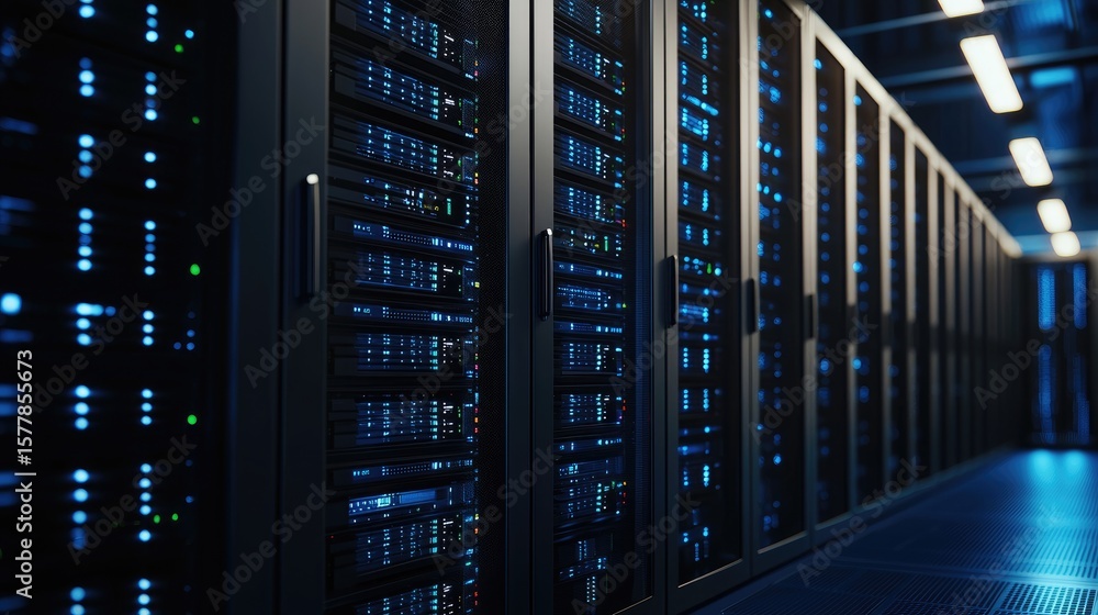 Poster modern server room with long row of illuminated black data racks in blue-lit environment, ideal for 