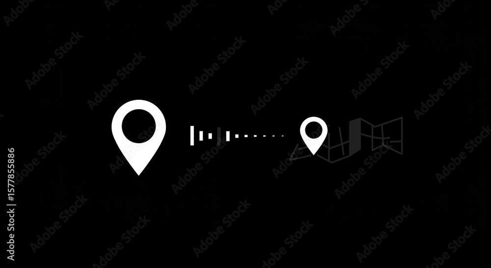 Poster white location pins connected by a dashed line with a map in a black background showing direction