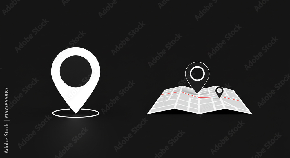 Poster white location pin icon and map with black pins on a dark background representing navigation