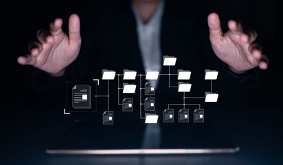 Digital file structure showing folder organization, file hierarchy, and document arrangement. File...