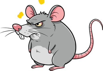 Angry cartoon rat illustration, fierce facial expression, grey fur, pink tail, isolated white background, vector clip art, stock image