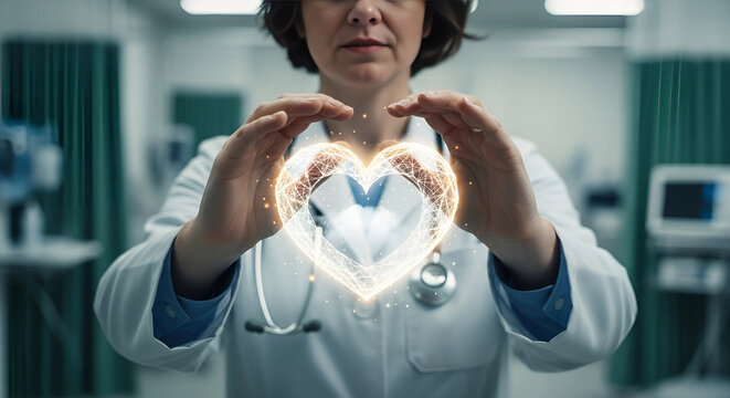 A doctors hands cradle a digital heart, symbolizing health care and medical innovation, showcasing the future of cardiology and patient wellness
