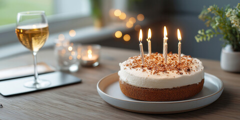 birthday cake with lit candles creates warm ambiance, accompanied by wine glass for stylish celebration. cozy setting suggests intimate gathering, ideal for special occasions.