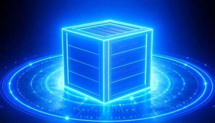 Glowing blue crate on digital platform