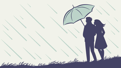 Obraz premium Couple Holding Umbrella in Gentle Rain — Love and Comfort Silhouette