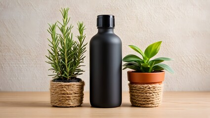 Minimalist Still Life: Bottle Surrounded by Jute-Wrapped Pots with Rosemary and Plant
