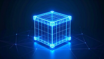 Glowing blue cube container on dark background