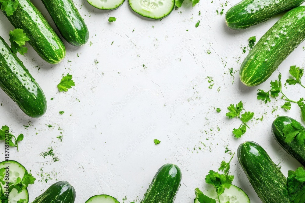 Poster fresh cucumbers and cilantro arranged on a transparent background for cooking and meal preparation, 