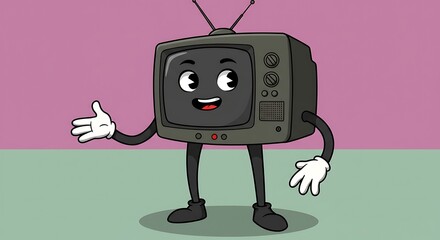 a character, a television with legs, arms and an animated face, in cartoon format