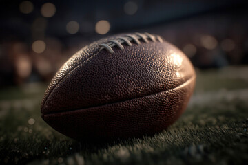 football on green field represents pivotal sports moments. dramatic lighting highlights detailed texture, evoking excitement of game time. perfect stock photo for sports events, promotions.