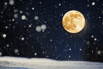 Snowflakes dance around a bright moon while snow falls gently in the night sky, snowflakes over moon and snow falling