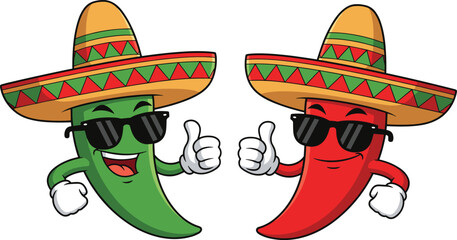 Funny cartoon chili peppers with sombreros and sunglasses, spicy Mexican food characters, red and green hot peppers thumbs up vector illustration