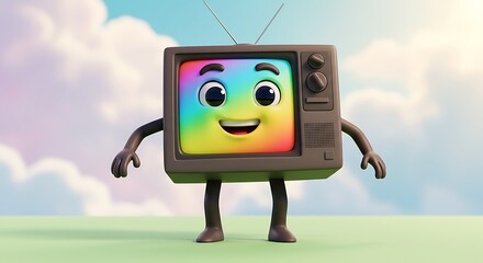 a character, a television with legs, arms and an animated face, in cartoon format