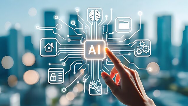 AI Technology: Hand Touching the AI Icon Interface, Digital Transformation and Artificial Intelligence Symbol Displayed Over Modern City, Connectivity and Futuristic Innovations