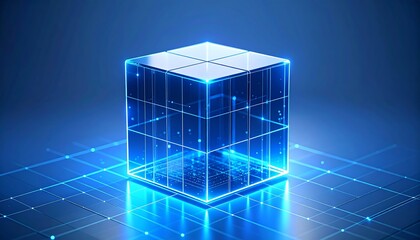 Glowing blue cube on digital grid