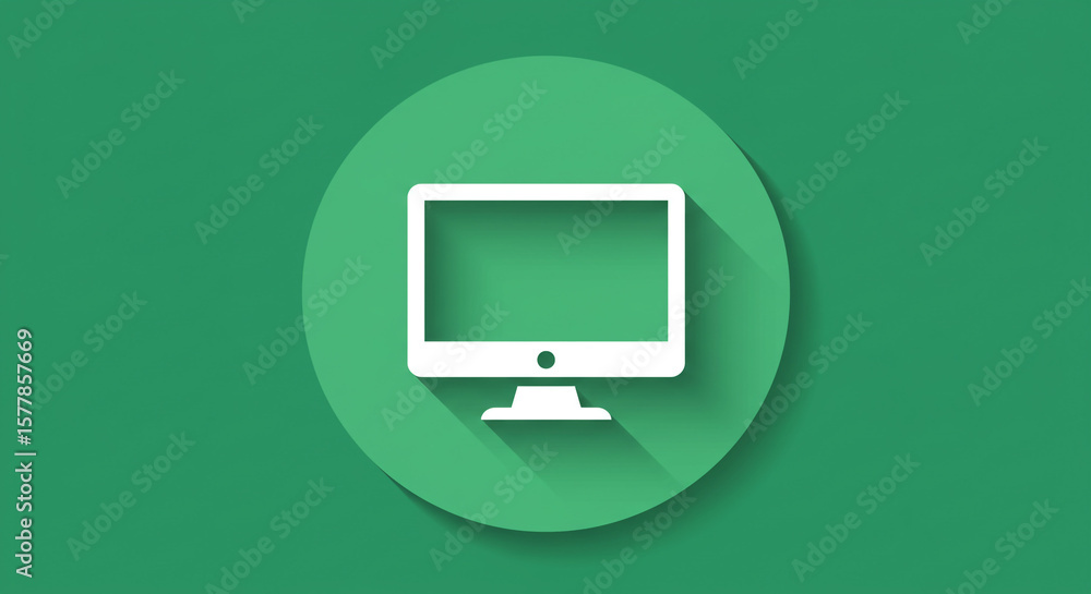 Poster a white computer monitor icon on a green circle background with a long shadow effect design element