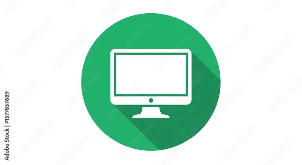 Poster white computer monitor icon with a green circular background and a long shadow on a white backdrop