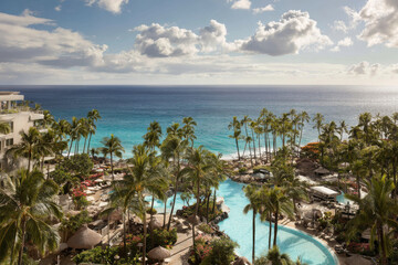 Fototapeta premium capture vibrant essence of hawaiian vibes at luxurious resort showcasing breathtaking ocean views and lush tropical