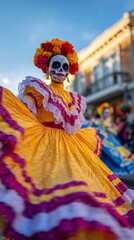 Naklejka premium Street Parade with Dancers in Traditional Dresses and Sugar Skull Makeup