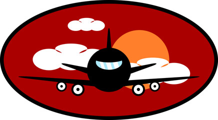 Avi&oacute;n volando durante el amanecer con estilo minimalista. Icono de transporte para sitio web, app y folleto.