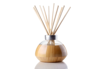 A glass reed diffuser with wooden sticks and aromatic liquid, isolated on a transparent background