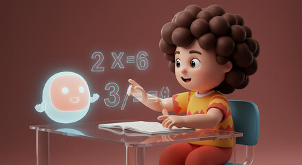 Cartoon boy learns math with digital ghost