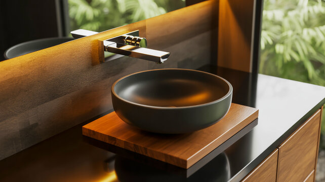 Modern bathroom vanity with a dark vessel sink and chrome faucet - Powered by Adobe