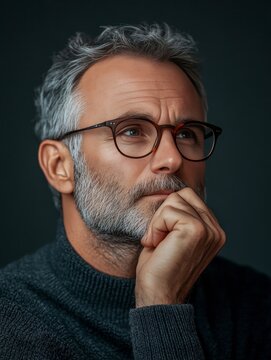 man cupping chin thinking deeply isolated