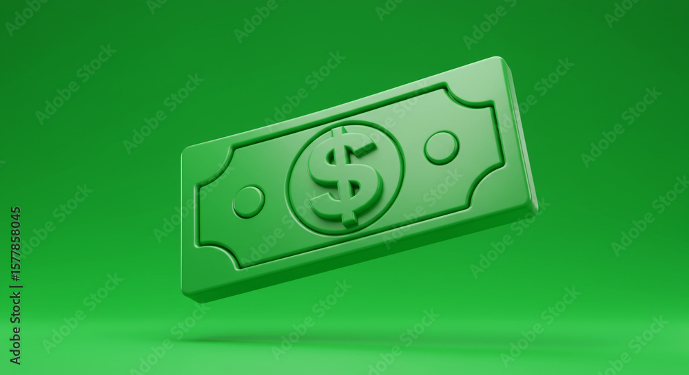 Poster a green dollar bill floating against a green background in a minimalist and modern style rendering