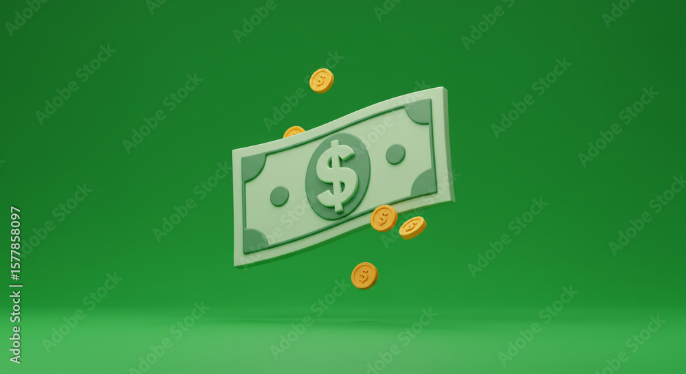 Aufkleber a cartoon dollar bill with coins floating around it on a green background in a rendered image