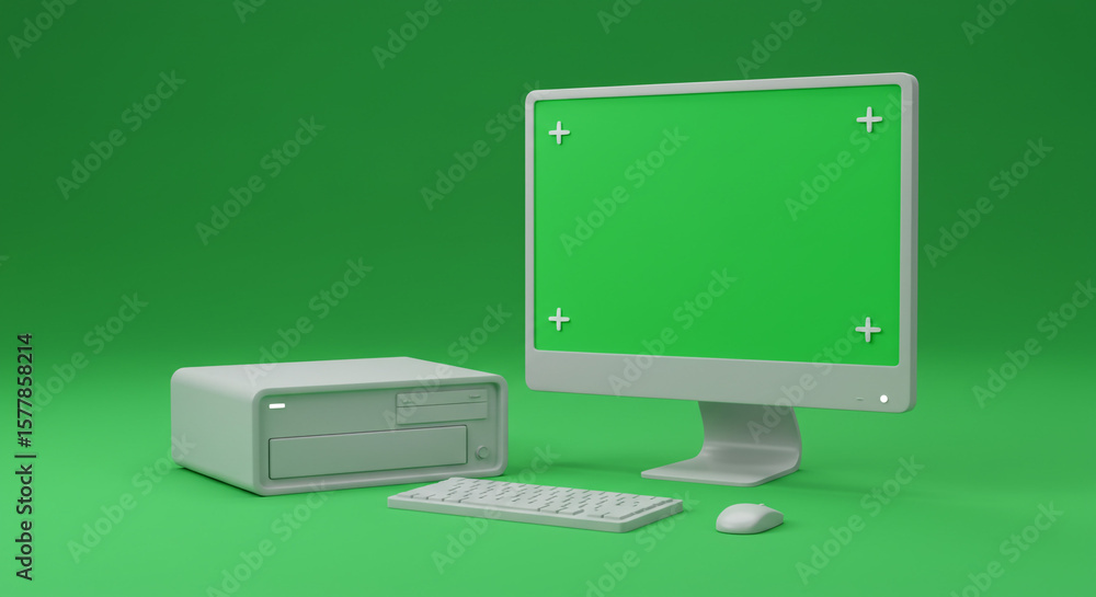 Fototapete Computer setup with green screen monitor keyboard mouse and tower on a green background studio shot