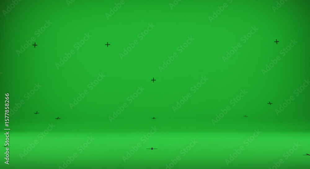 Poster a vibrant green screen studio setup with tracking markers for visual effects and compositing work fl