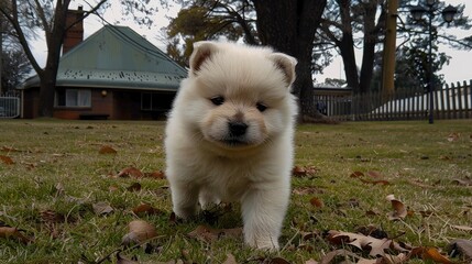 Close-up Portrait of an Adorable White Puppy Lying on a Grate in Winter