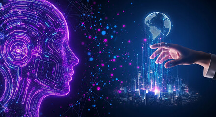 A glowing purple ai head and a hand reaching for a digital globe over a futuristic city represent the power of artificial intelligence