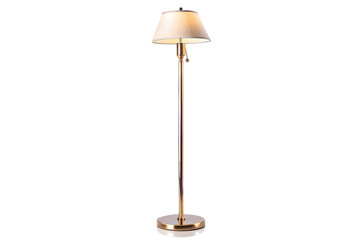 Obraz premium A tall brass floor lamp with a cream lampshade, casting a warm light, isolated on white isolated on transparent background