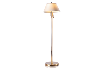A tall brass floor lamp with a cream lampshade, casting a warm light, isolated on white isolated on transparent background